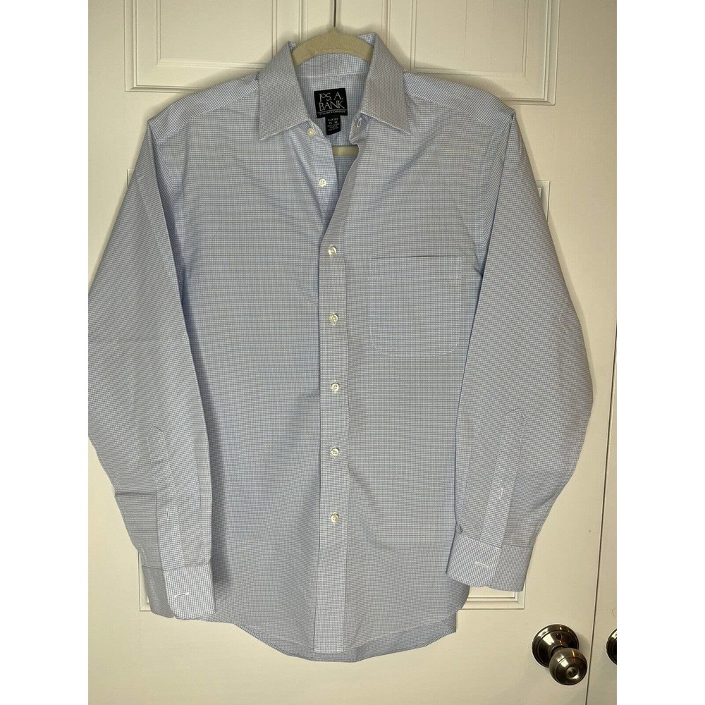 Jos A Bank Traveler Collection Slim Fit Spread Collar Plaid Dress Shirt Blue 15